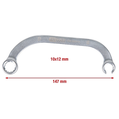 Ein gebogener Ringschlüssel aus Metall. Oben sind die Maße 10x12 mm und 147 mm angegeben.
