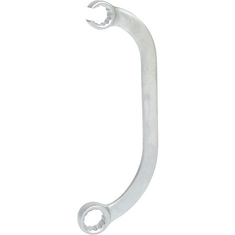 Ein gebogener Ringschlüssel aus Metall, der sich in der Mitte verjüngt und an beiden Enden eine Öffnung aufweist.