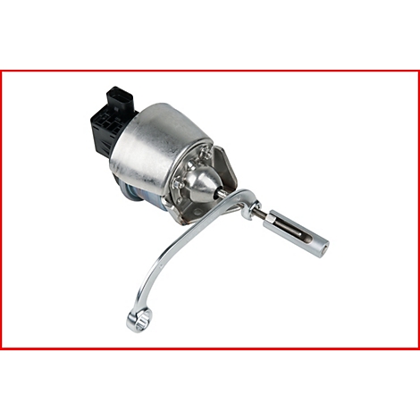 Ein silbernes Automobilteil mit gebogenem Hebel, schwarzem Stecker und rotem Rahmen.