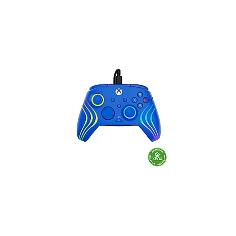 Manette Xbox bleue avec lumières LED colorées.