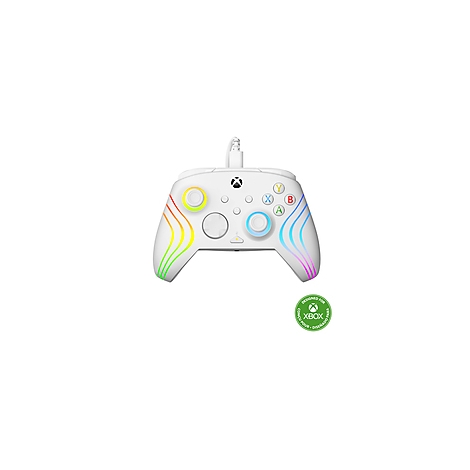 Manette Xbox blanche avec effets lumineux colorés. Les lignes colorées vont de gauche à droite.