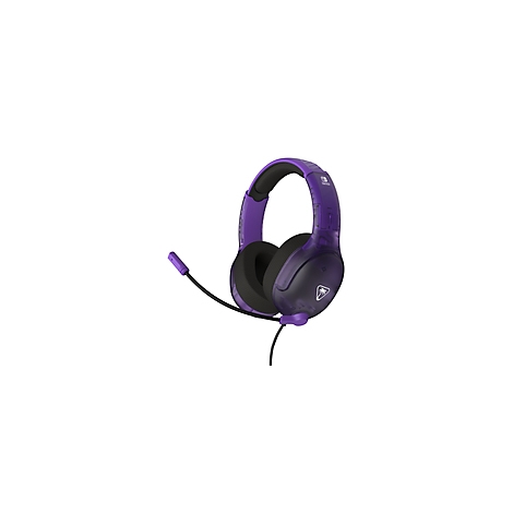 Casque de jeu violet avec microphone sur fond blanc.