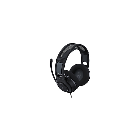 Casque de jeu noir avec microphone, détaillé sur fond blanc.