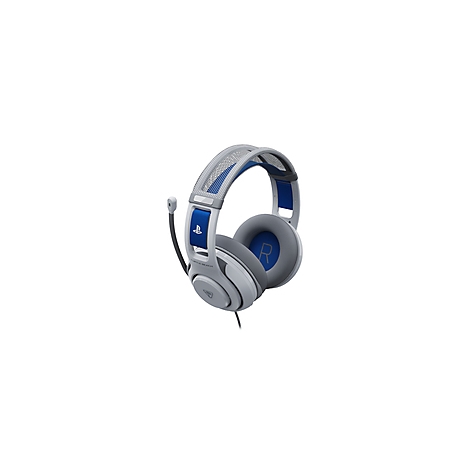 Graues Gaming-Headset mit blauem Akzent, PlayStation-Logo und Mikrofon.