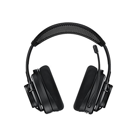 Vue de dessus d'un casque de jeu noir. Bandeau en maille, microphone et coussinets d'oreille clairement visibles.