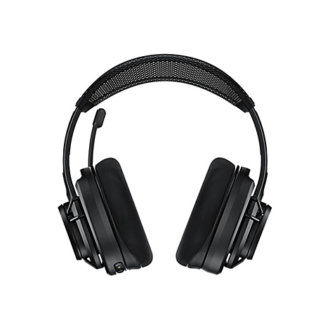 Schwarzes Gaming-Headset, Ansicht von vorne, Mikrofon, Ohrpolster, gepolstertes Kopfband, isoliert auf weißem Hintergrund.