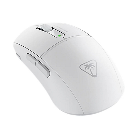 Weisse Computermaus von Turtle Beach. Scrollrad, zwei Seitentasten. Logo mit Palme.