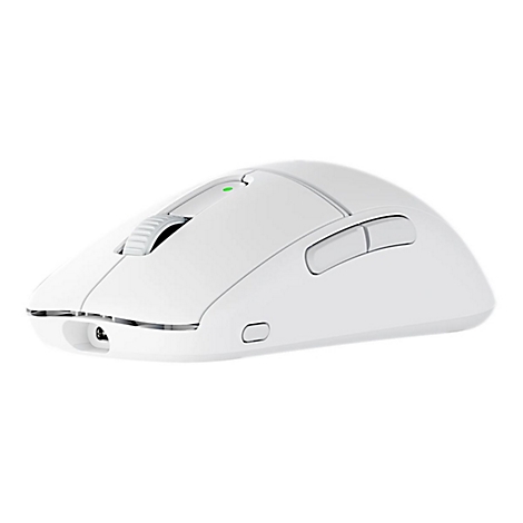 Weisse Computermaus mit Scrollrad und zwei Seitentasten. Grün leuchtende LED-Anzeige.