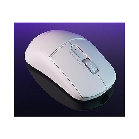 Weisse Computermaus mit Logo "Turtle Beach" auf glänzendem, dunkelblauem Hintergrund.