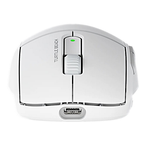 Weisse Computermaus, Turtle Beach Schriftzug, Scrollrad und Ladeanschluss.