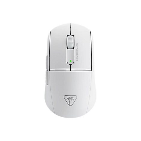 Weiße Gaming-Maus, von oben, mit Schriftzug "Turtle Beach" und einem grünen Licht.