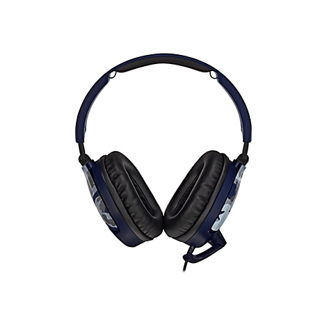 Casque bleu et gris camouflage sur fond blanc.
