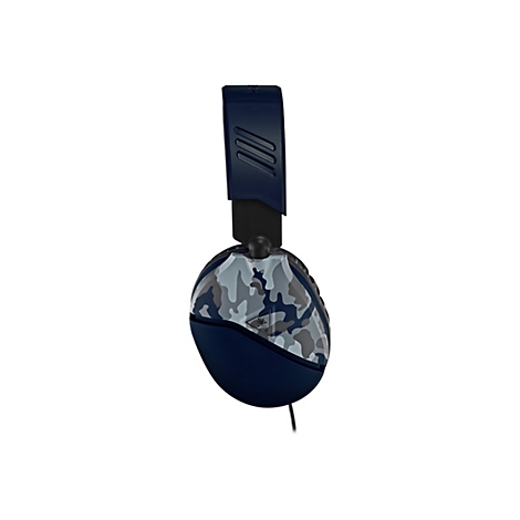 Casque bleu foncé avec écouteurs camouflage, connexion par câble.