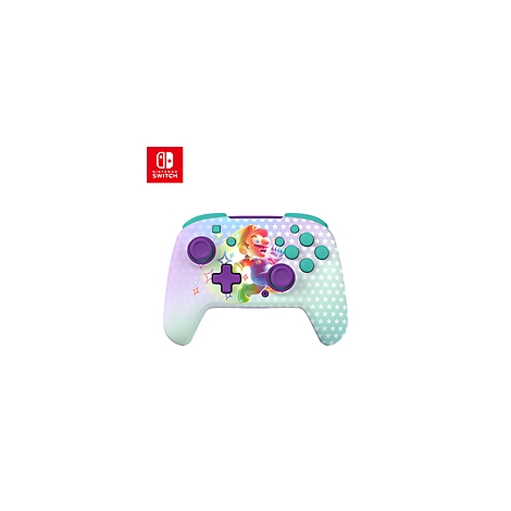 Manette Nintendo Switch Pro avec graphisme Mario. Palette de couleurs violet, turquoise et blanc avec un motif d'étoiles.