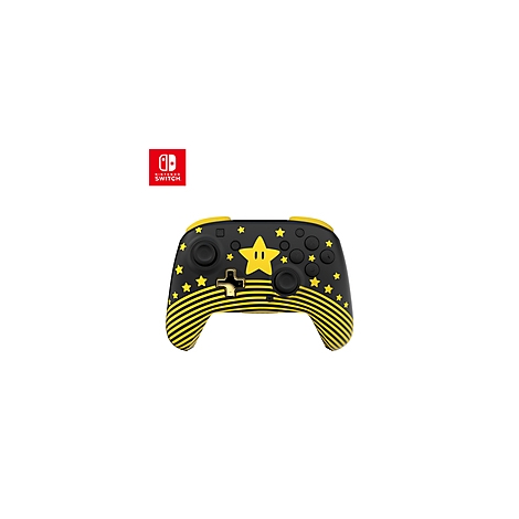 Manette Pro Nintendo Switch noire avec motif d'étoiles jaunes, design étoile Mario et logo Nintendo Switch.