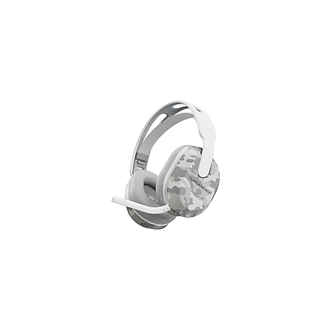 Casque de jeu gris et blanc avec motif camouflage sur les oreillettes et microphone rétractable, isolé sur fond blanc.