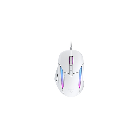 Souris de jeu blanche avec éclairage LED. Boutons latéraux et molette visibles.