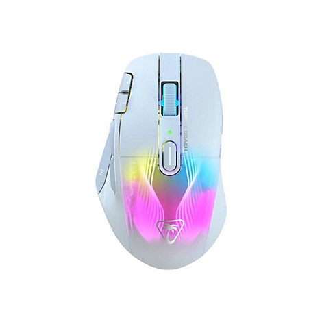 Weiße Gaming-Maus mit bunten Lichtern. Logo: Palme. Text: Turtle Beach.