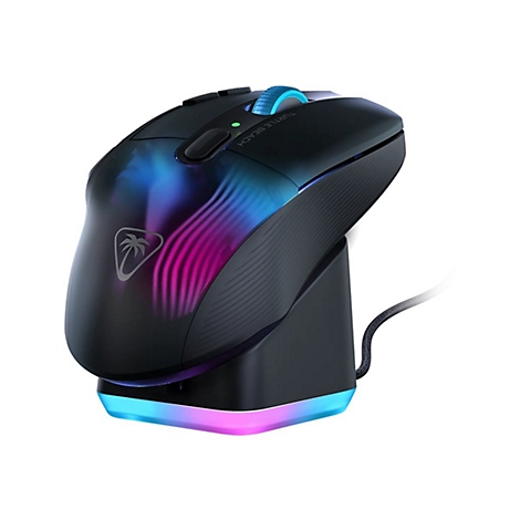 Schwarze Gaming-Maus mit farbiger Beleuchtung, steht auf Ladestation. Auf der Maus steht Turtle Beach.