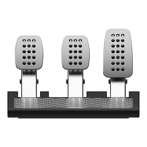 Vue de dessus d'un ensemble de pédales de course. Trois pédales argentées avec des trous sont montées sur une base noire.