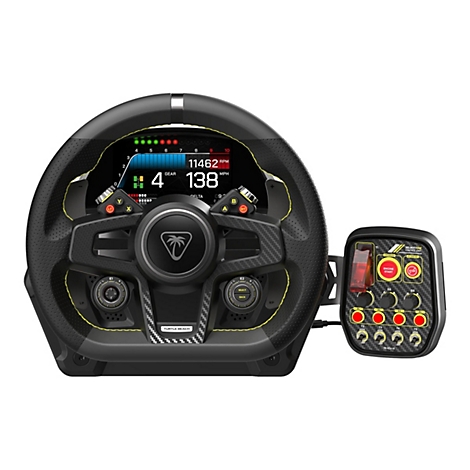 Un volant de course avec écran intégré affichant la vitesse, le régime et le rapport de vitesse, et une unité de contrôle séparée avec boutons et interrupteurs.