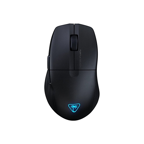 Souris de jeu noire avec texte Turtle Beach et logo de palmier bleu. Molette de défilement centrée.
