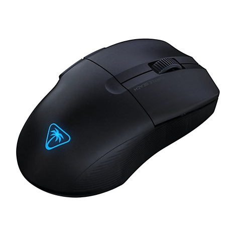 Schwarze Gaming-Maus mit blauem Leuchten und Logo. Scrollrad und Schriftzug 'Turtle Beach' sichtbar.