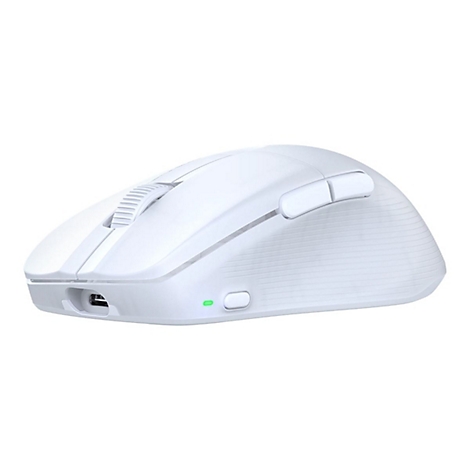 Weiße, ergonomische Computermaus mit seitlichen Zusatztasten, Mausrad und Ladeanschluss.