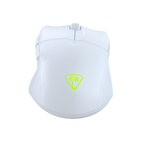 Weiße Computermaus mit dem Logo einer grünen Palme. Am Mausrad steht „Turtle Beach“.