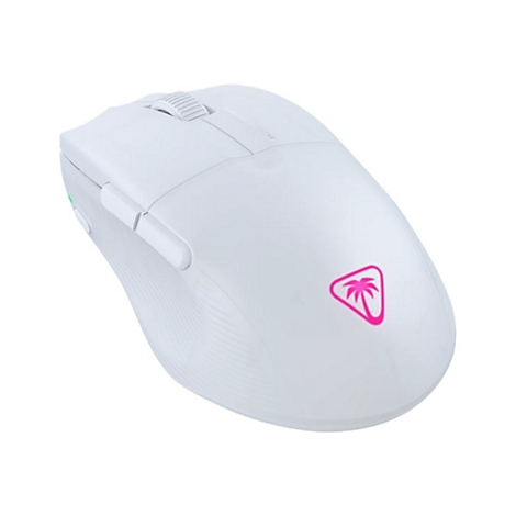 Weiße Gaming-Maus mit pinkem Logo. Auf der Maus befinden sich Scrollrad und Seitentasten.