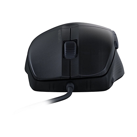 Souris de jeu noire, câble vers le bas, molette de défilement, logo.