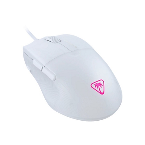 Souris de jeu blanche avec logo rose et câble. Il y a une molette de défilement en haut.