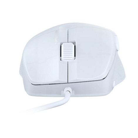 Weisse Maus mit Kabel, von oben fotografiert. Rolle, Seitentasten und Logo sind sichtbar.