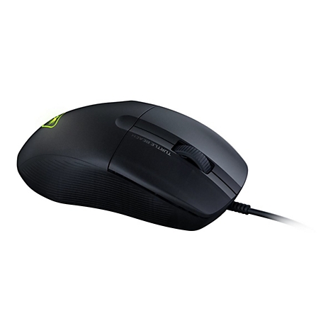 Schwarze Gaming-Maus mit Schriftzug "Turtle Beach" und leuchtendem Logo. Kabelgebunden, auf weißem Hintergrund.