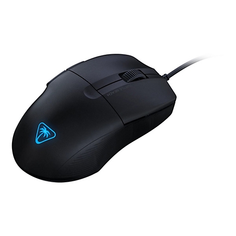 Schwarze Gaming-Maus mit leuchtendem Logo. Ein Scrollrad und Kabel sind sichtbar.