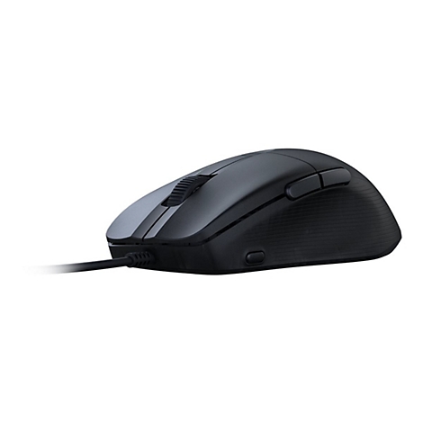 Schwarze Computermaus, seitlich. Rollrad, zwei Seitentasten, Kabel.