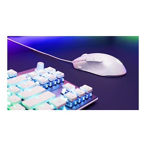 Souris et clavier de jeu blancs avec éclairage RVB. Souris avec deux boutons et une molette. Clavier avec touches surlignées et lettrage.