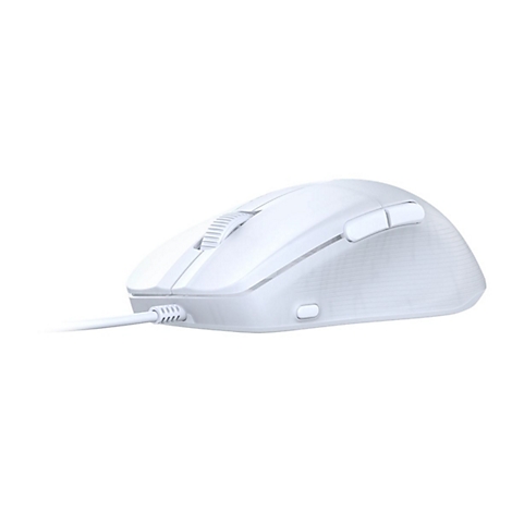 Souris d'ordinateur blanche, vue latérale, sur fond blanc. Câble connecté.