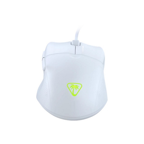 Souris de jeu blanche avec logo jaune et câble. La souris est présentée sur un fond blanc.
