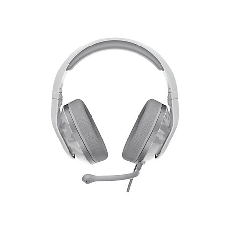 Hellgraues Gaming-Headset mit Camouflage-Details. Mikrofon ist angebracht.
