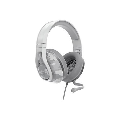 Hellgraues Gaming-Headset mit Camouflage-Muster auf den Ohrmuscheln. Ein Mikrofon ist angebracht.