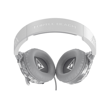 Casque gris clair avec motif camouflage sur les oreillettes. L'inscription 'TURTLE BEACH' figure sur l'arceau.