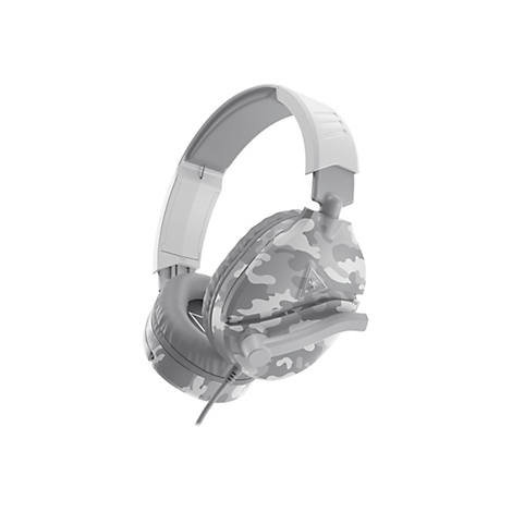 Un casque de jeu gris avec un motif de camouflage sur fond blanc. L'arceau et les oreillettes sont gris. Le motif de camouflage est gris et blanc.
