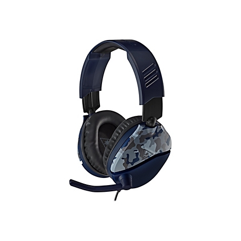 Blaues Gaming-Headset, Ohrmuscheln mit Camouflage-Muster, Mikrofon und Bügel sind dunkelblau.
