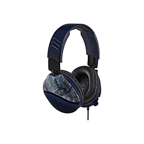 Dunkelblaue Gaming-Kopfhörer mit Tarnmuster auf den Ohrmuscheln, Kabelanschluss.