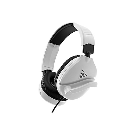 Casque de jeu blanc avec bandeau noir et oreillettes sur fond blanc.