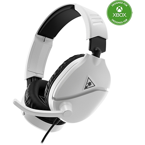 Casque de jeu blanc pour Xbox, coussinets d'oreille et microphone noirs. Autocollant avec "Designed for Xbox".