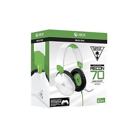 Ein Gaming-Headset auf einer weißen und grünen Verpackung mit Text wie "XBOX ONE" und "Turtle Beach".