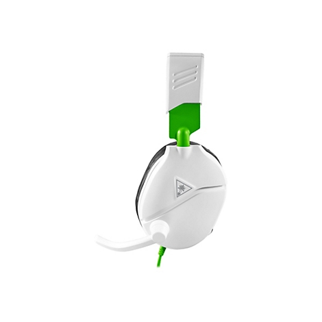 Ein weißes Gaming-Headset mit grünen Akzenten, im Detail mit Mikrofon und Kabel vor weißem Hintergrund. Der Kopfbügel hat grüne Details.
