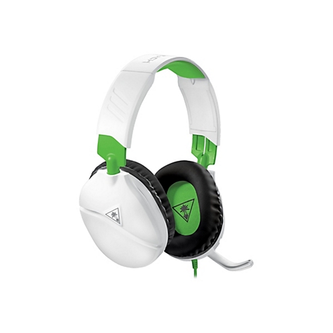 Weiß-grünes Gaming-Headset auf weißem Hintergrund. Die Ohrmuscheln sind schwarz und grün, das Logo zeigt eine Palme.